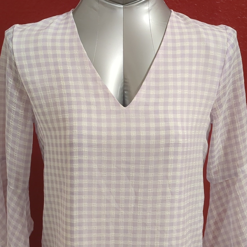 Calvin Klein Women Purple/White-V Neck Blouse 3/4 Sleeves Gingham check Size S - Picture 3 of 11